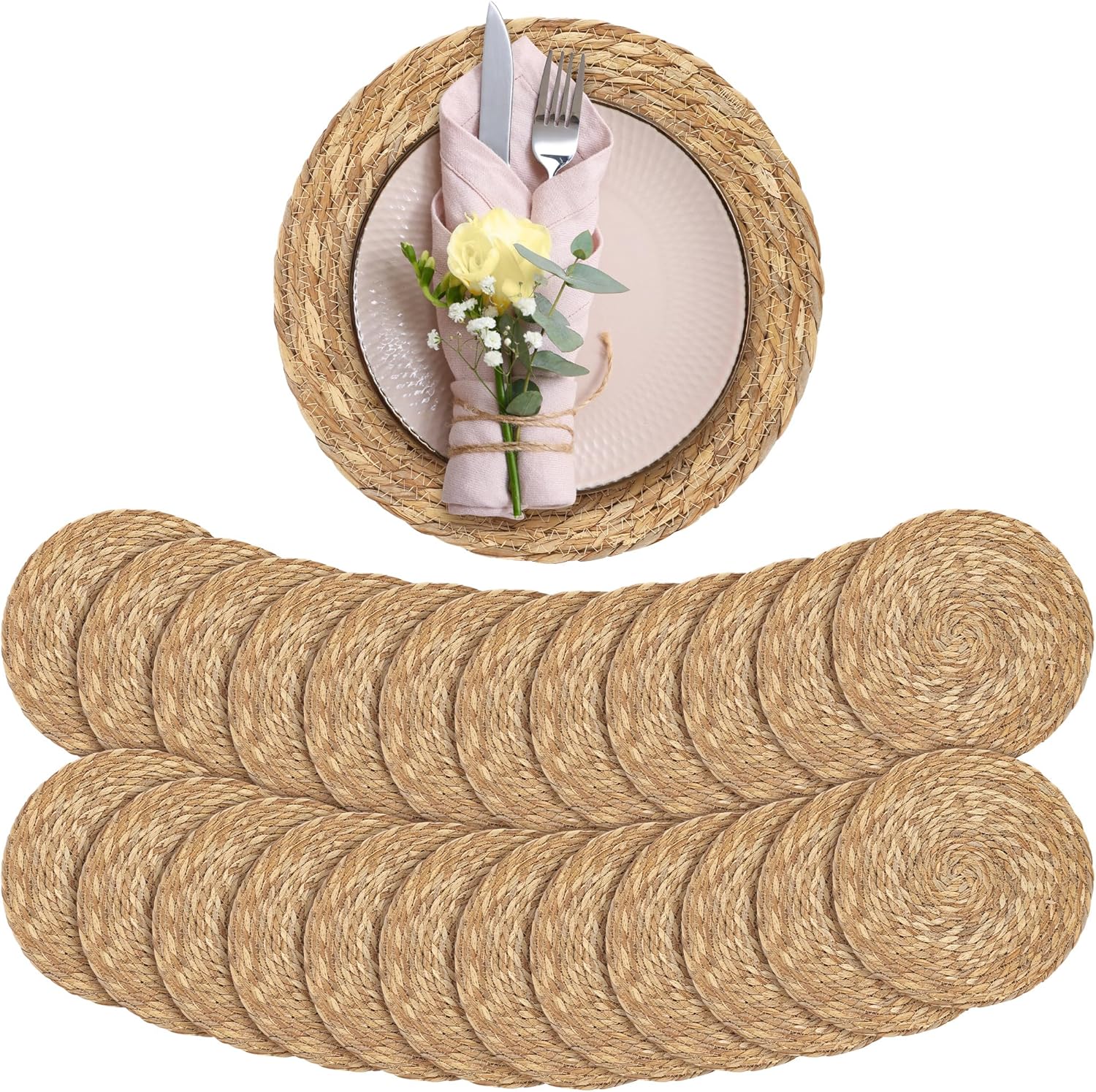 Natural Hand-Woven 12-Inch Round Woven Placemats for Dining