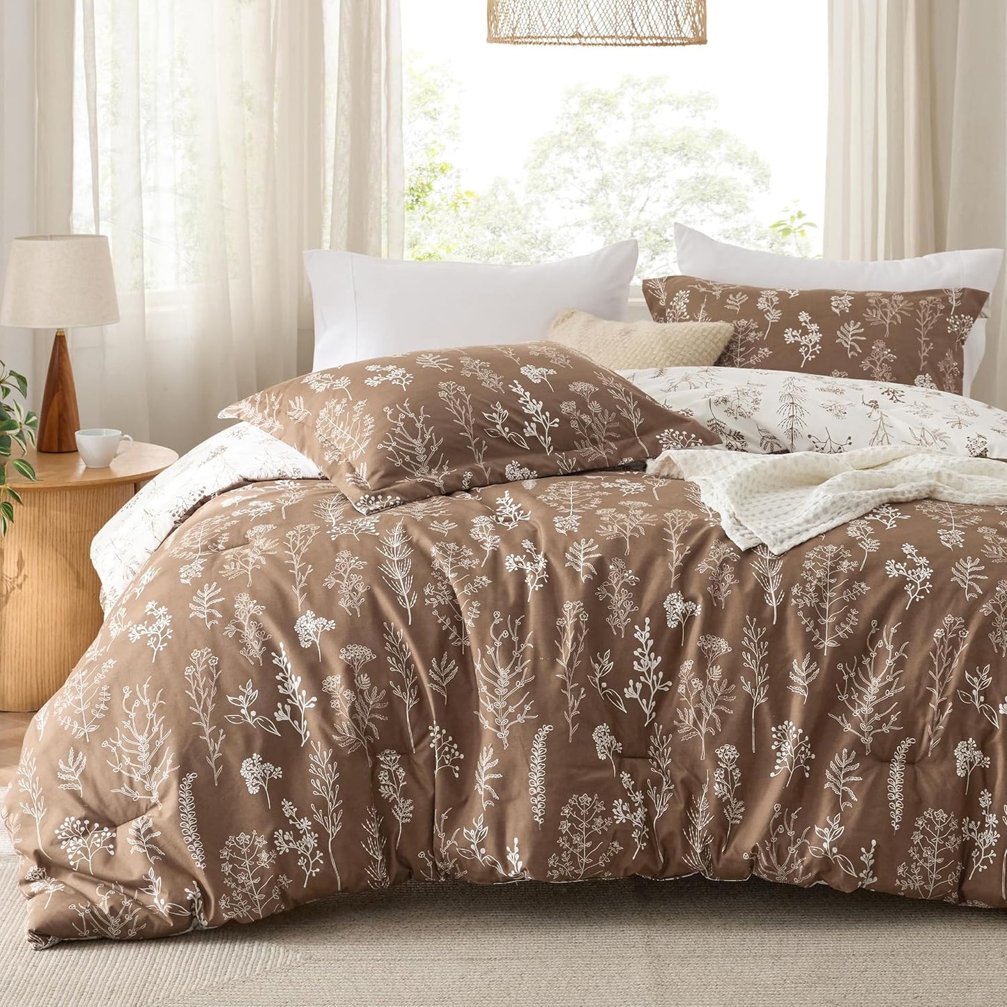 Bedsure King Comforter Set - Brown Floral Bedding for Comfort