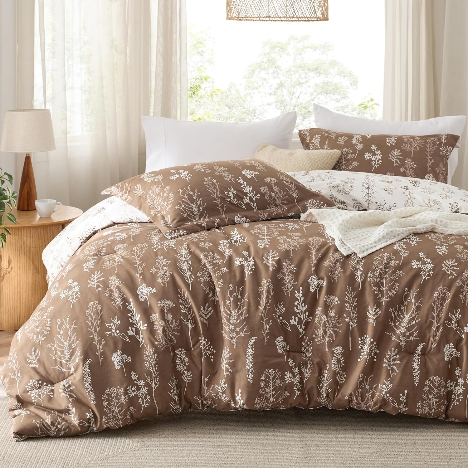 Bedsure King Comforter Set - Brown Floral Bedding for Comfort