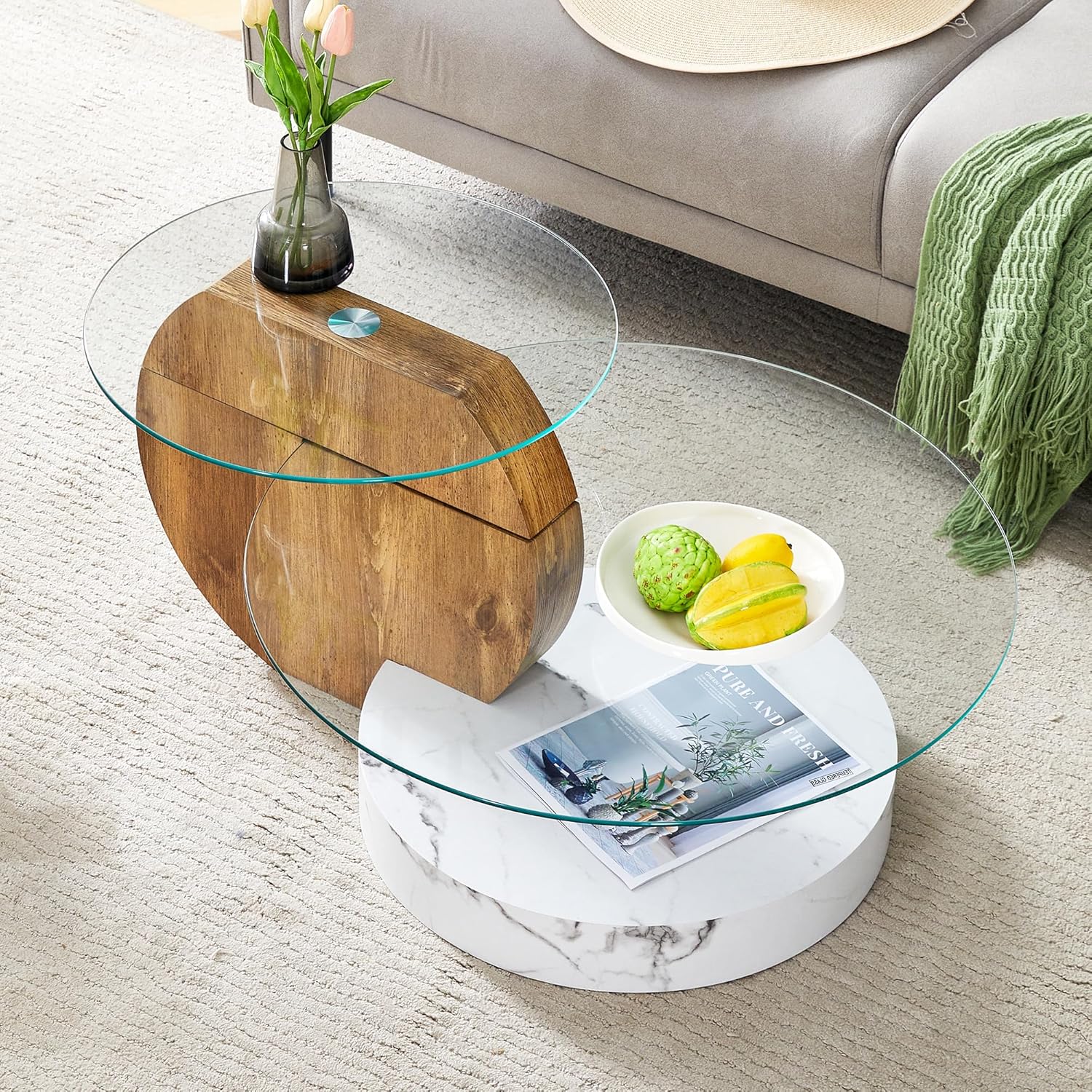3 Tier Round Coffee Table - Modern Style & Space-Saving (White + Wood)