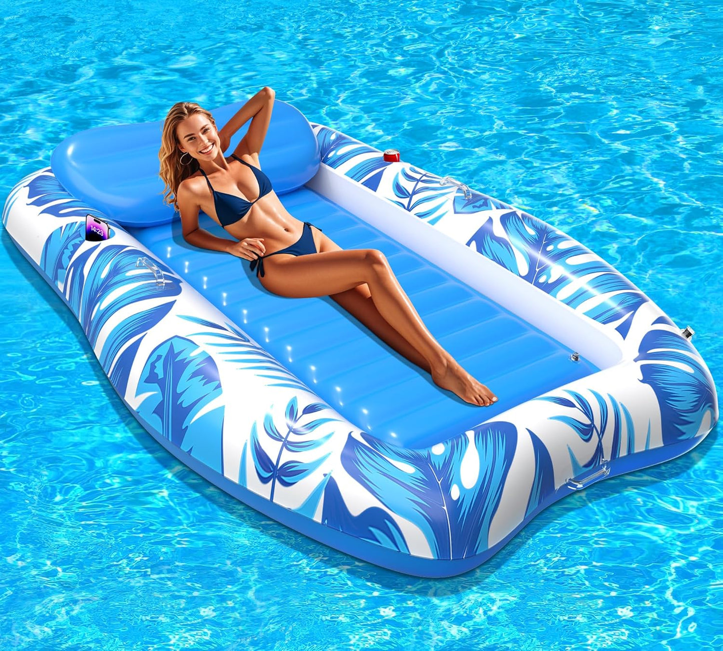 Inflatable Tanning Pool Float for Adults with Head Rest & Holders