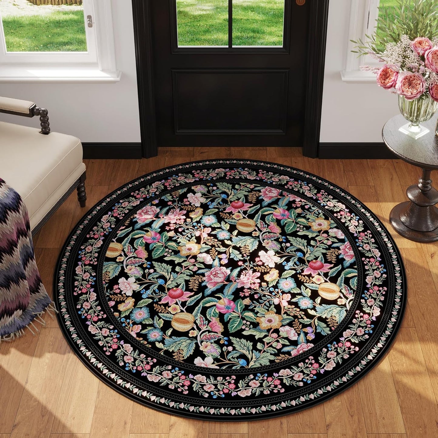 Round Washable Vintage Floral Rug for Bedroom and Entryway