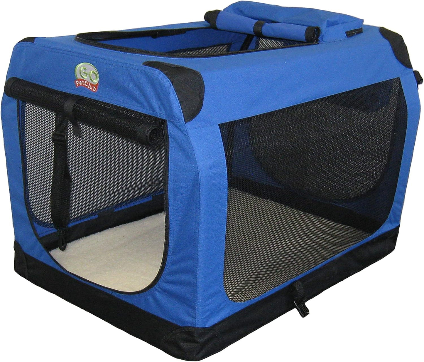 Collapsible Dog Crate with Blue Fleece Mat for Comfort