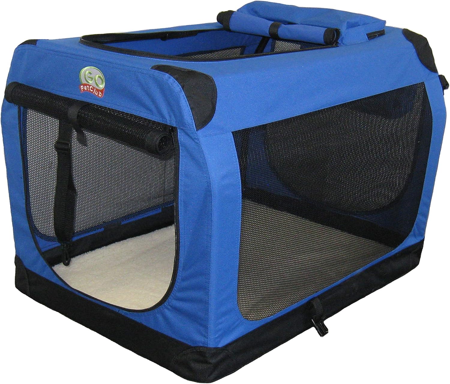 Collapsible Dog Crate with Blue Fleece Mat for Comfort