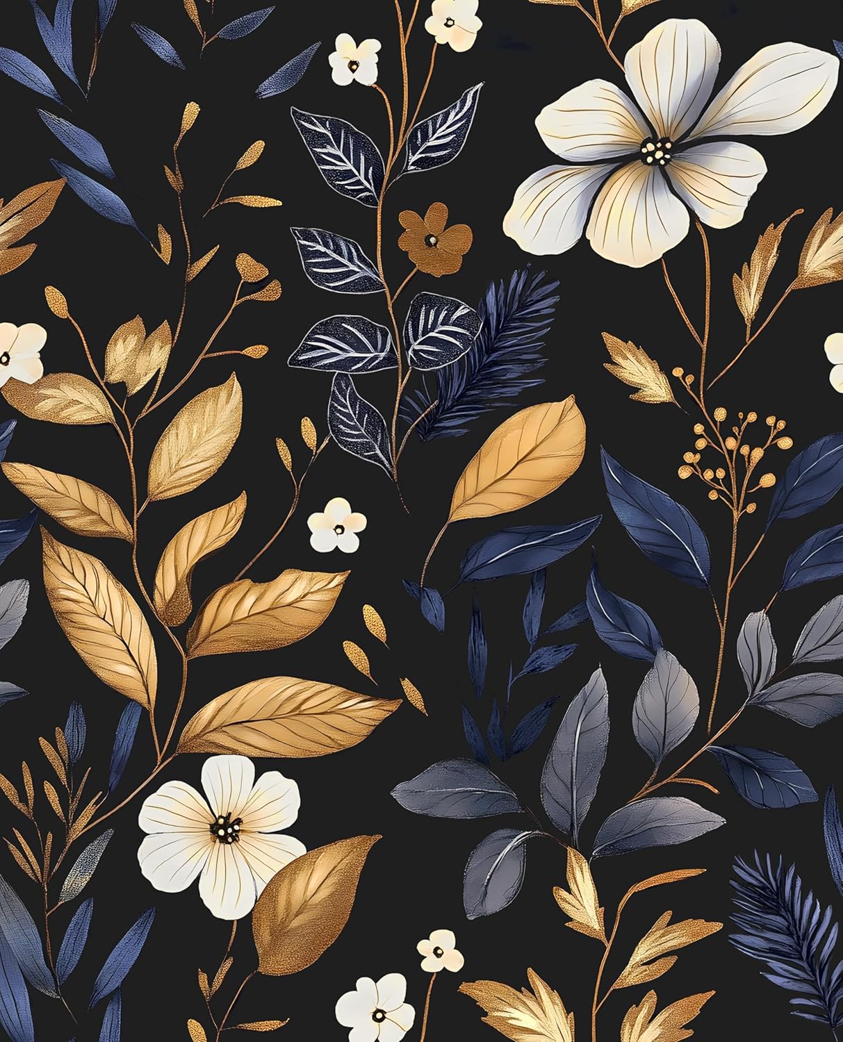 Blue Gold Leaf Wallpaper Peel and Stick Vintage Floral Design