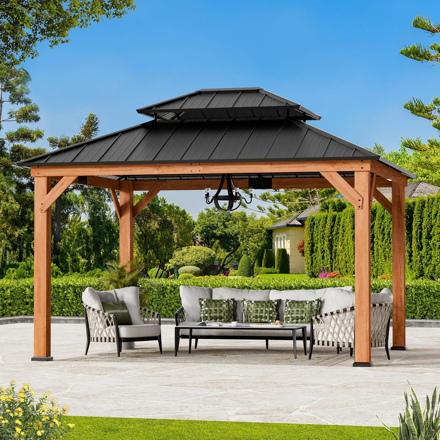 Modern Shade 11ft x 13ft Wood Gazebo with Steel Roof for Outdoors