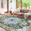 Boho Vintage Area Rug 9x12 Green - Machine Washable Low Pile