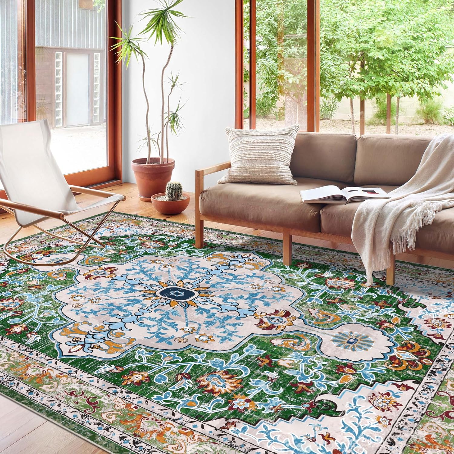 Boho Vintage Area Rug 9x12 Machine Washable Soft Carpet