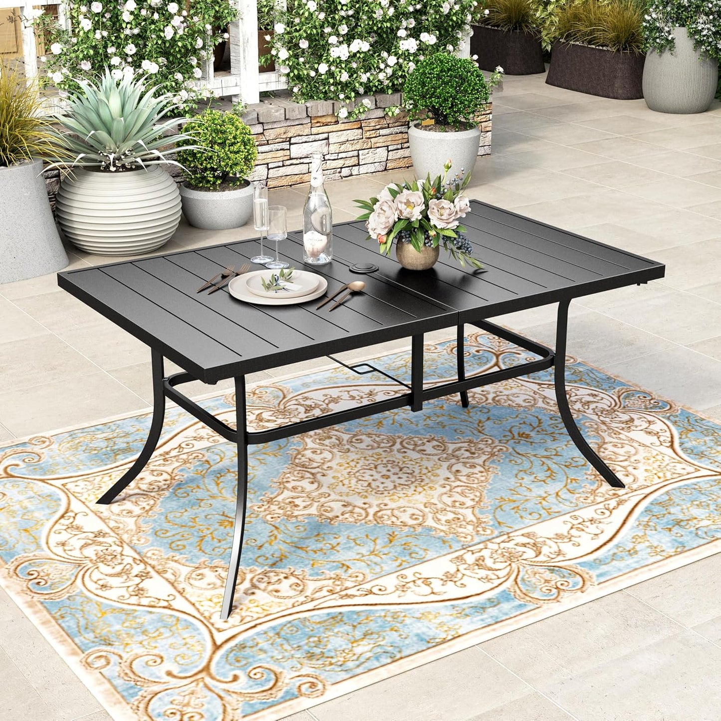 HERA'S HOUSE Outdoor Dining Table for 6 with Umbrella Hole