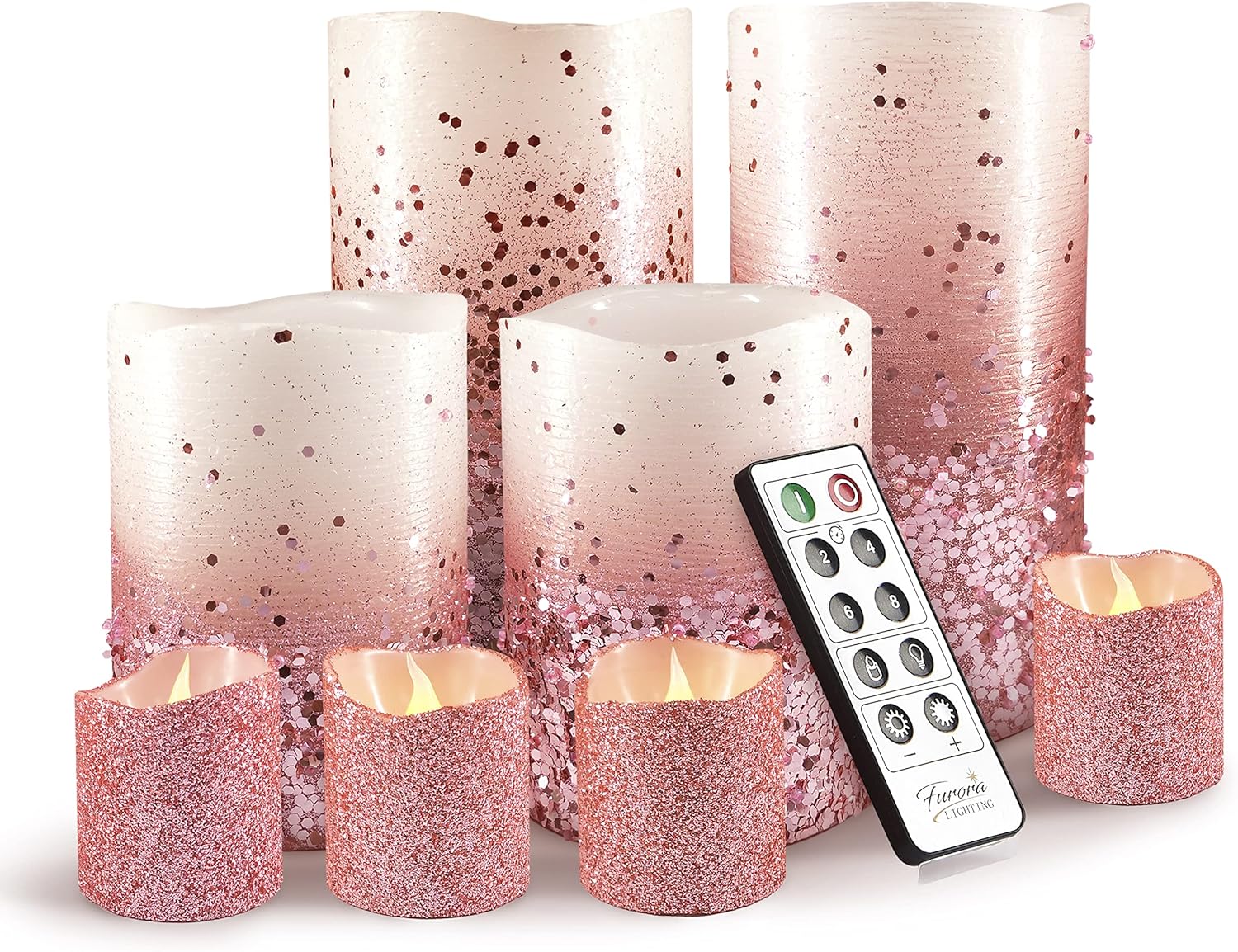 Flickering Pink Glitter LED Candles with Remote and Timer Pack