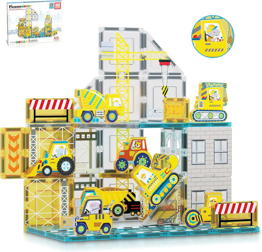 Magnetic Building Blocks with Construction Vehicles for Kids