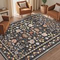 5x7 Washable Boho Vintage Floral Area Rug - Black Grey Low Pile