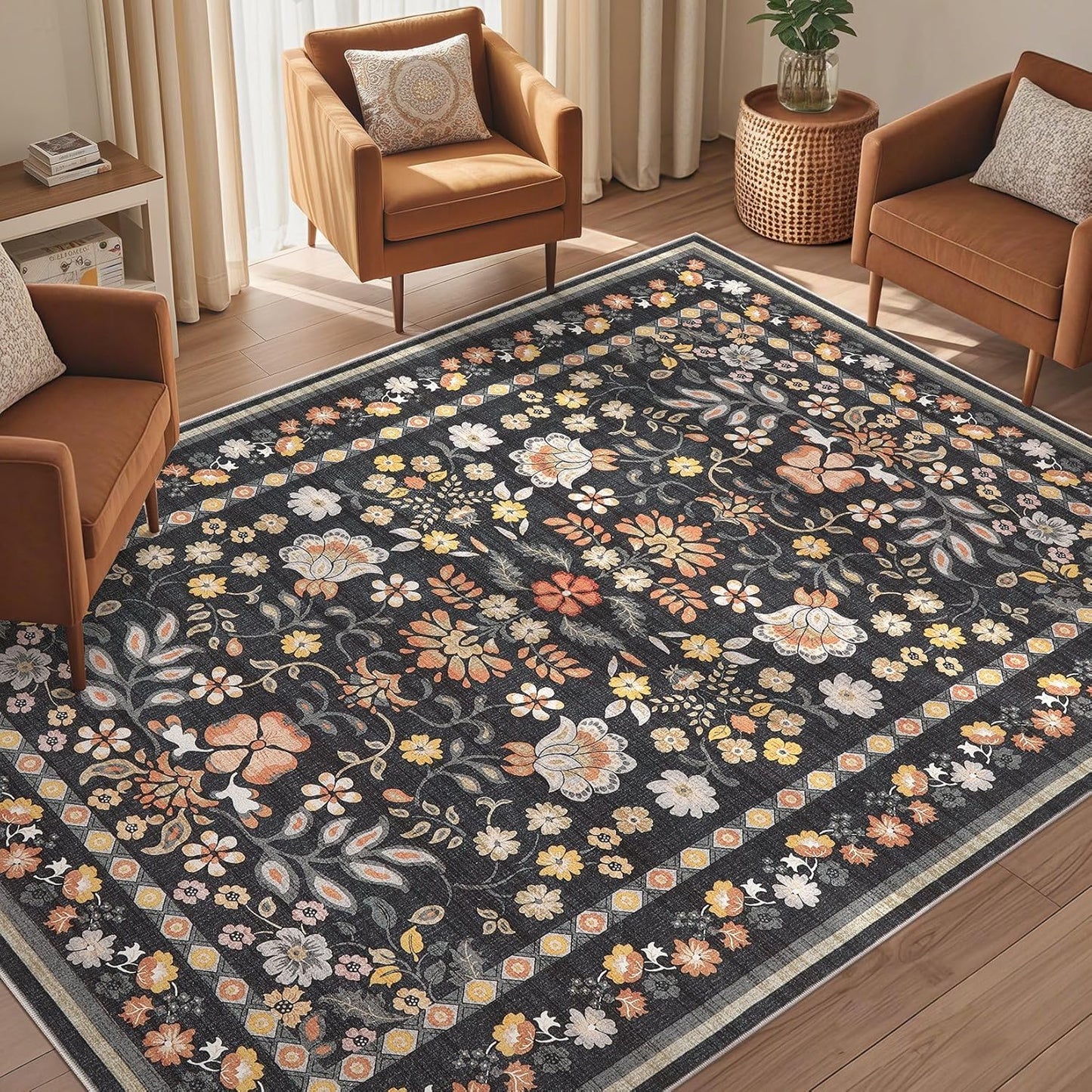 5x7 Area Rug for Living Room - Washable Boho Vintage Floral
