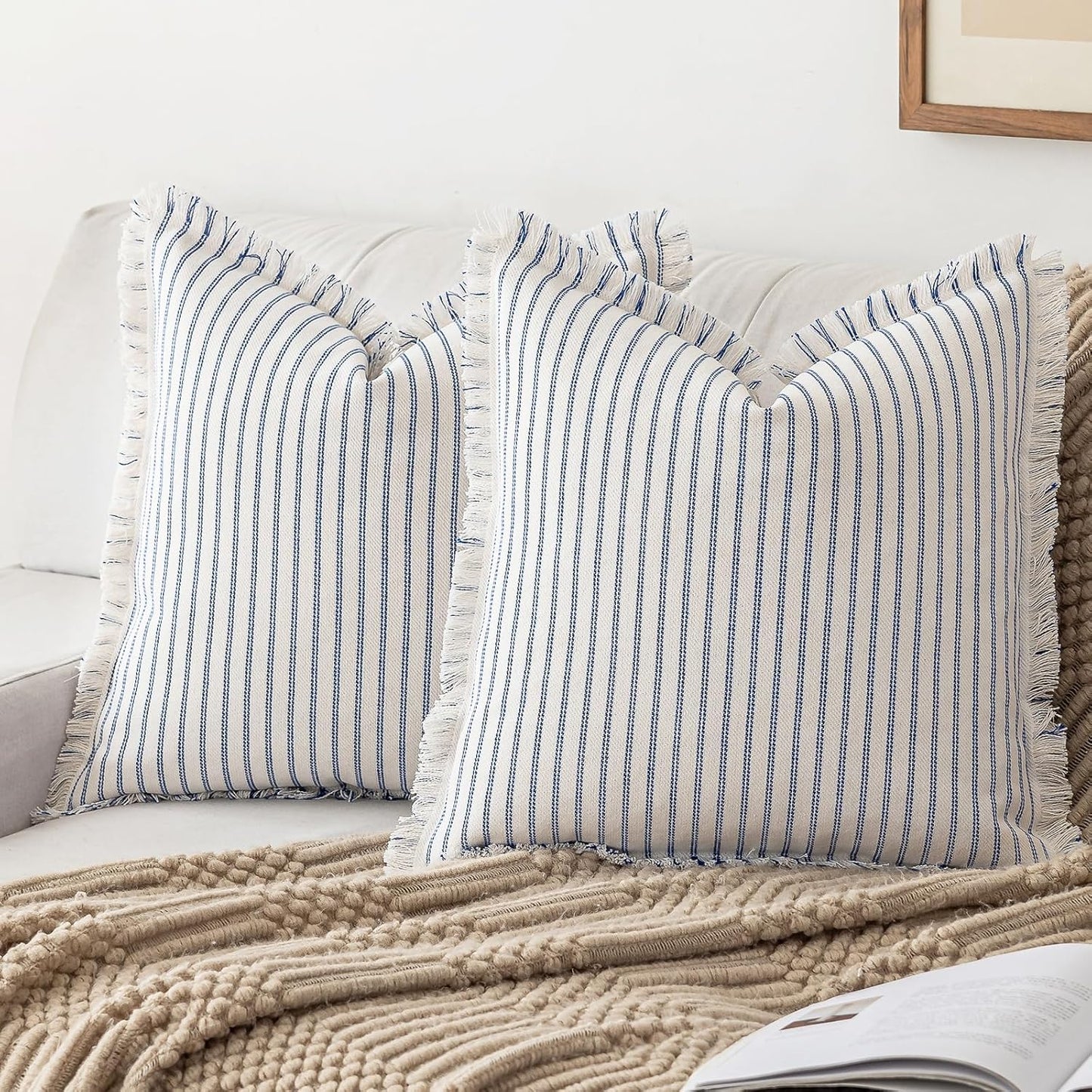 Throw Pillow Covers 24x24 Set of 2 with Striped Fringe Design