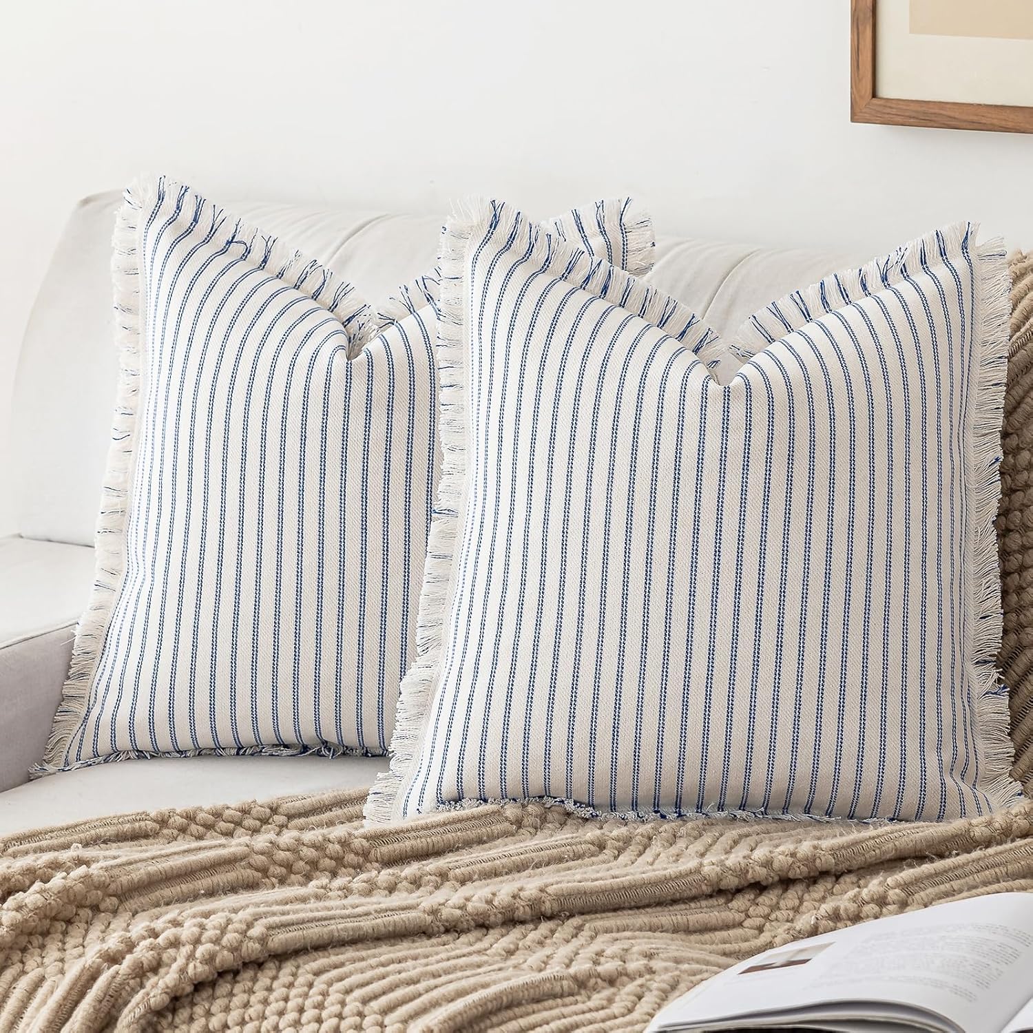 Throw Pillow Covers 24x24 Set of 2 with Striped Fringe Design