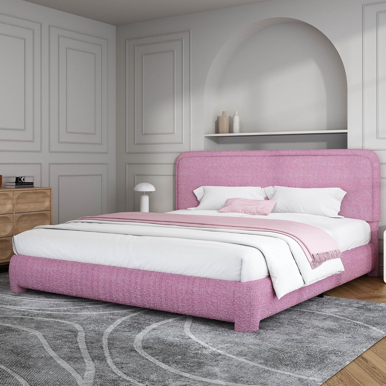King Size Bed Frame with Headboard in Soft Rose Pink Boucle