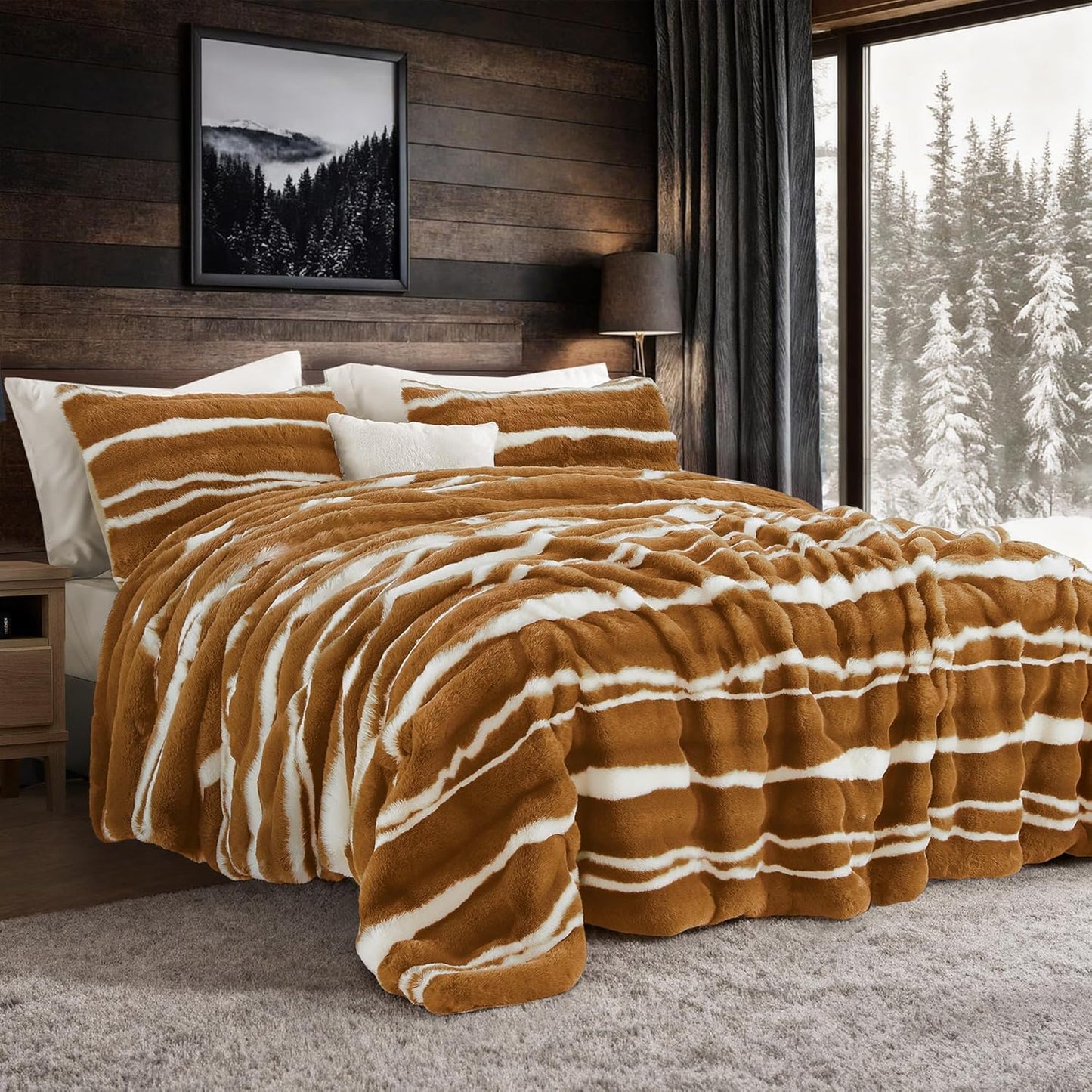 Fluffy Faux Rabbit Fur Comforter Set King Size for All Seasons