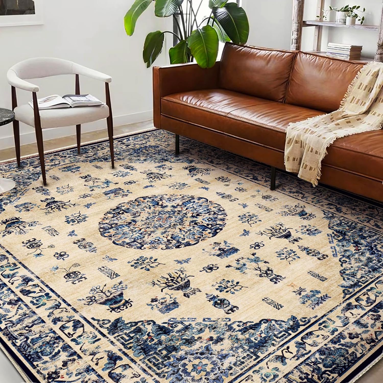 Washable Area Rug 9ftx12ft Retro Boho Design for High Traffic