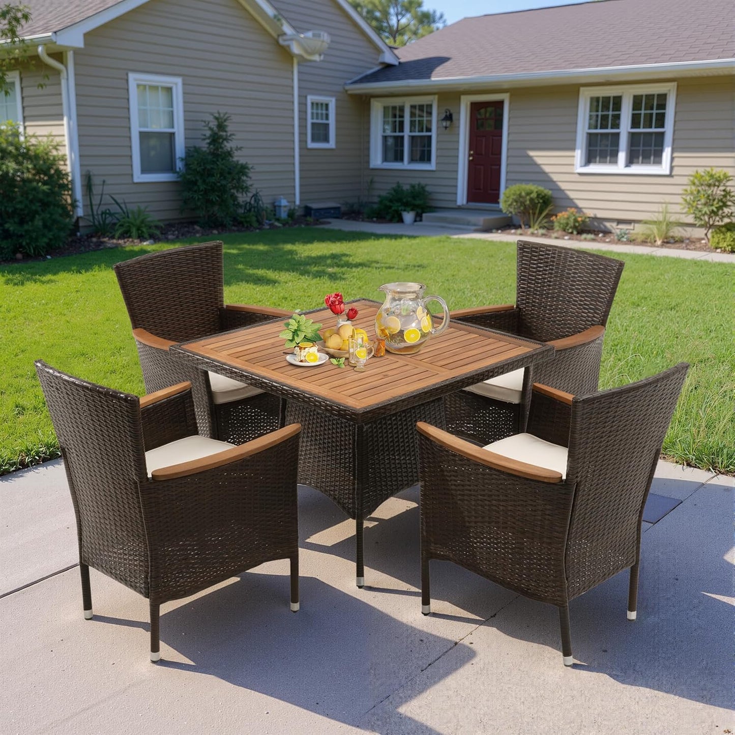 Rattan Outdoor Patio Furniture Set with Acacia Wood Tabletop