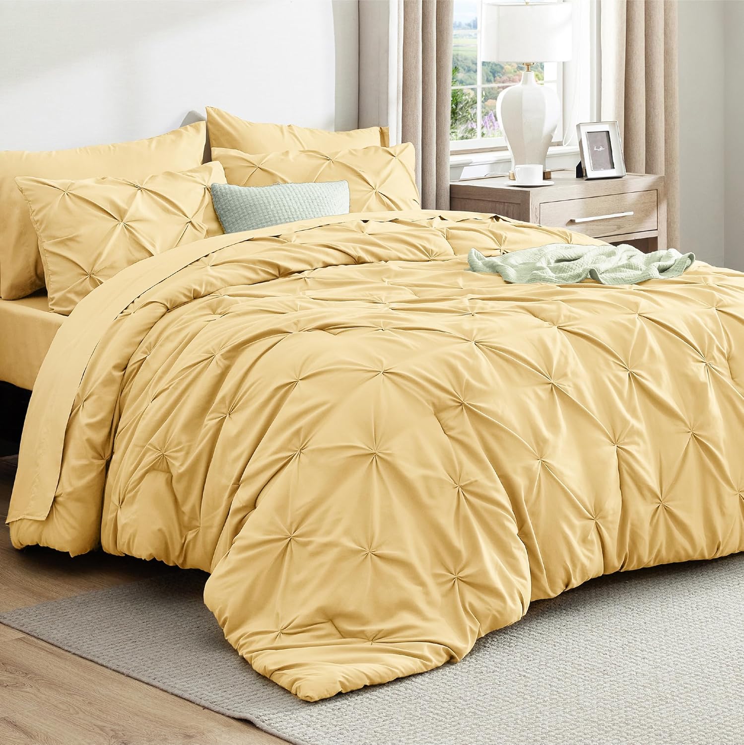 Bedsure Queen Comforter Set Yellow - Elegant 7 Piece Bedding