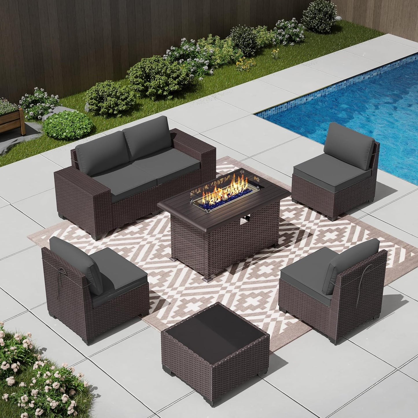 Outdoor Patio Furniture Set with Propane Fire Pit Table - 7 Pieces