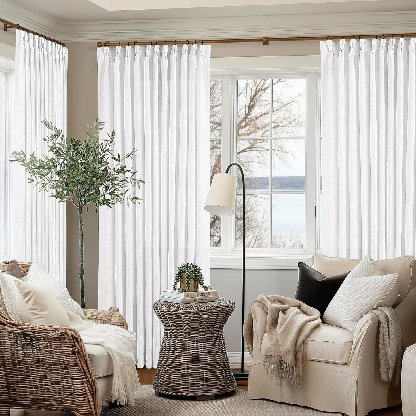Pinch Pleated Linen Curtains 96 Inch for Living Room Decor