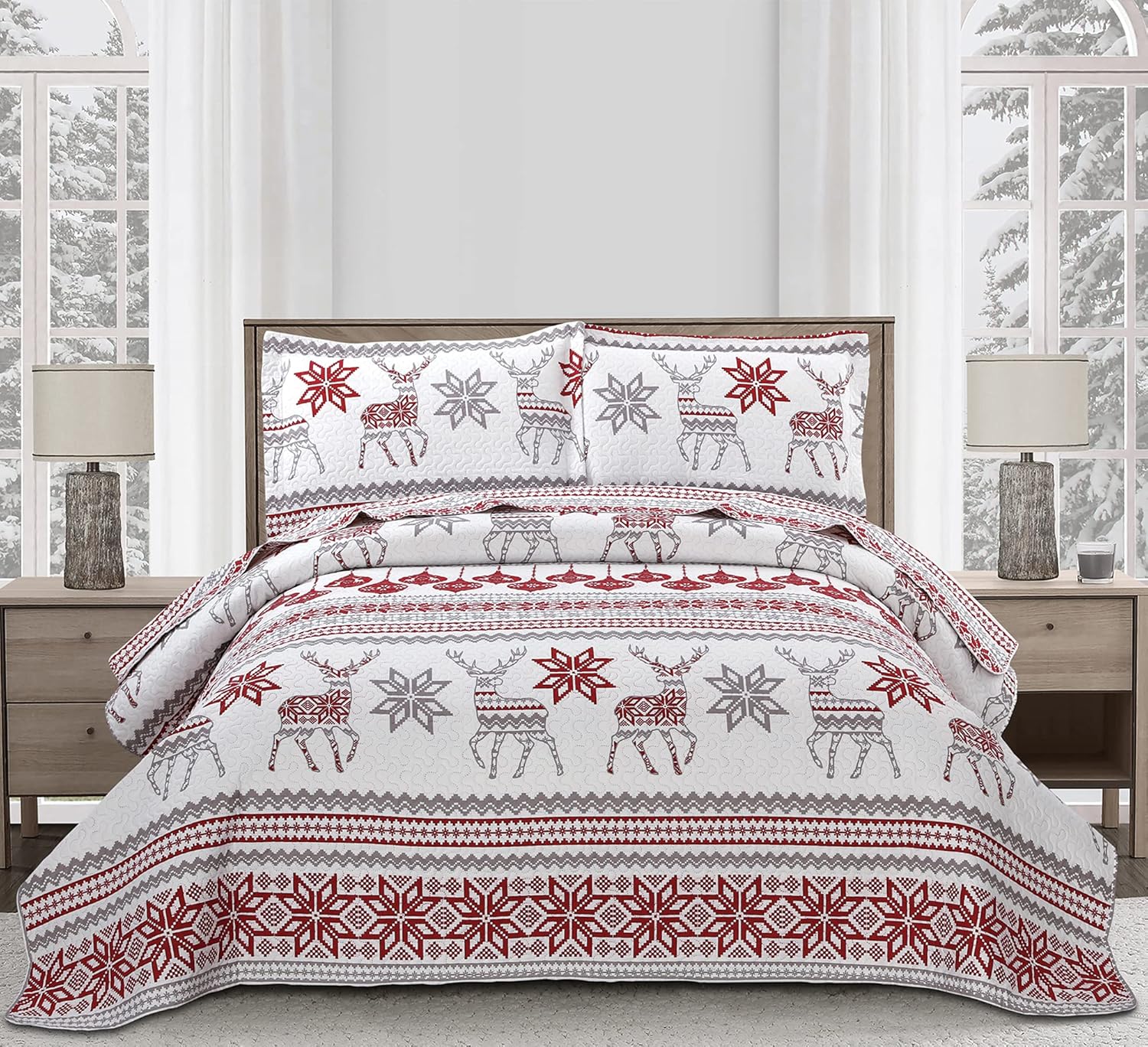 Christmas Quilt Set King Size Soft Lightweight Bedding Red White
