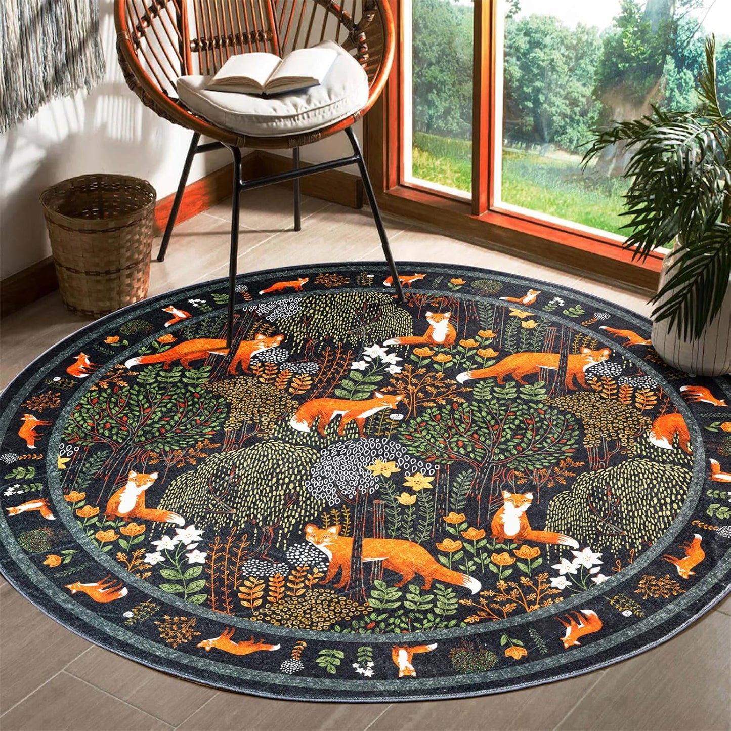 Cute Botanical 5ft Round Area Rug for Vintage Cottagecore Decor