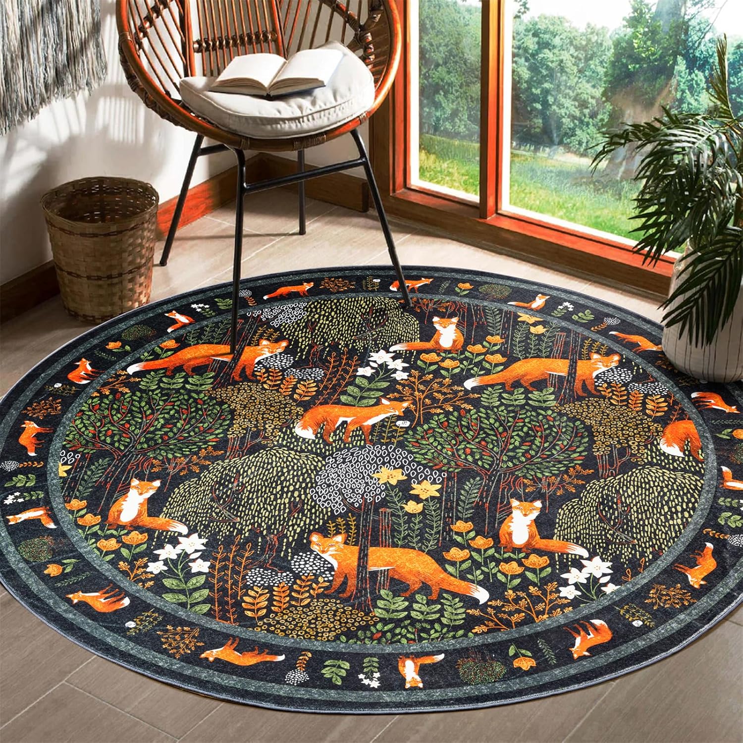 Cute Botanical 5ft Round Area Rug for Vintage Cottagecore Decor