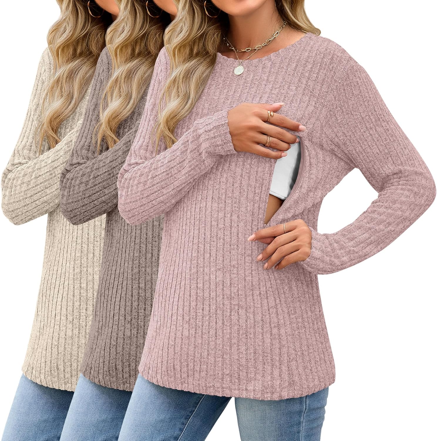 3 Pack Women's Nursing Long Sleeve Tops for Breastfeeding Comfort