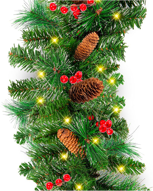 9ft Pre-Lit Holiday Garland with Pine Cones and Berries