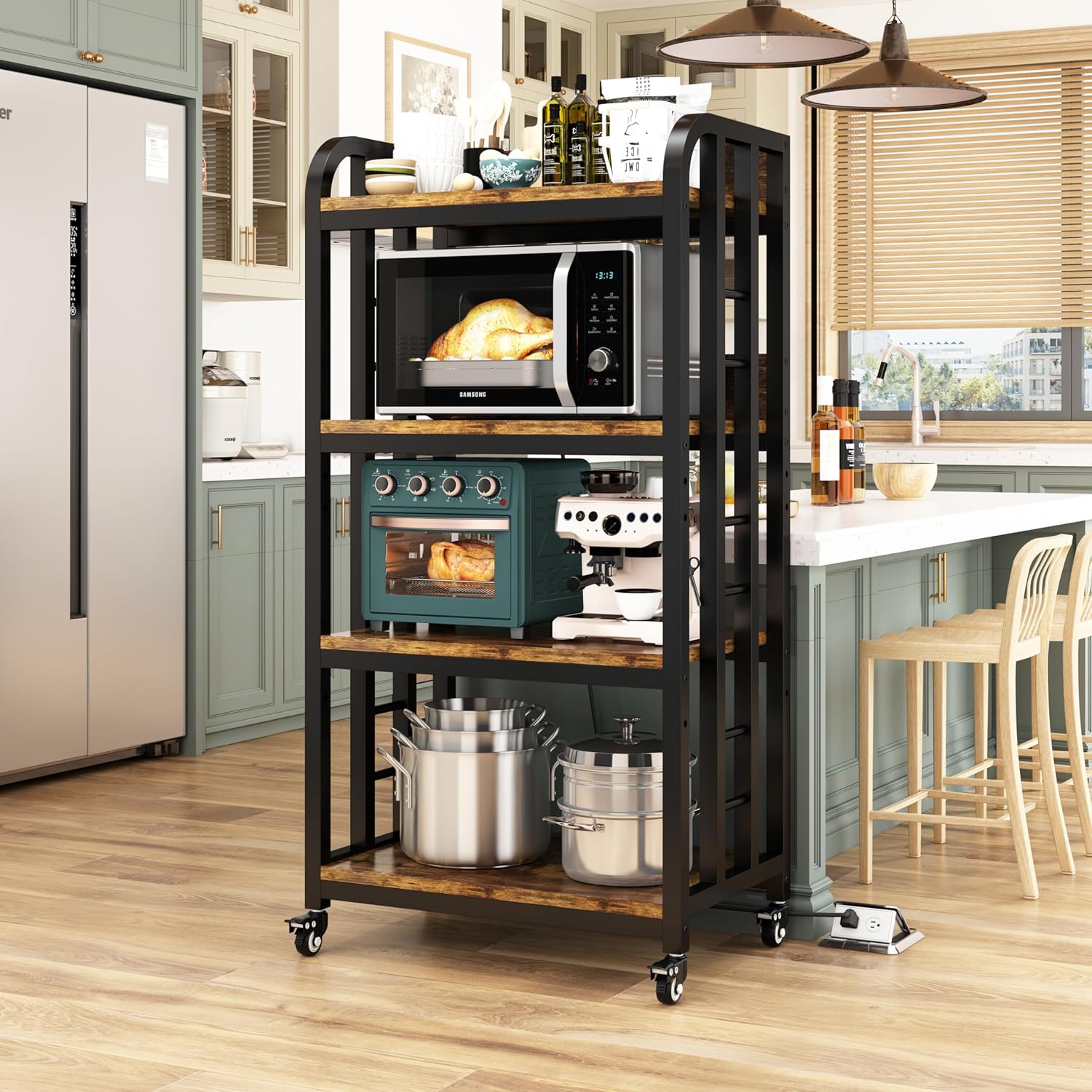 4-Tier Bakers Rack: Power Outlet, Rolling Wheels, Storage Shelves - Coffee Station