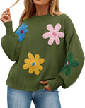 Women's Long Puff Sleeve Ribbed Knit Pullover - Loose Floral Crewneck