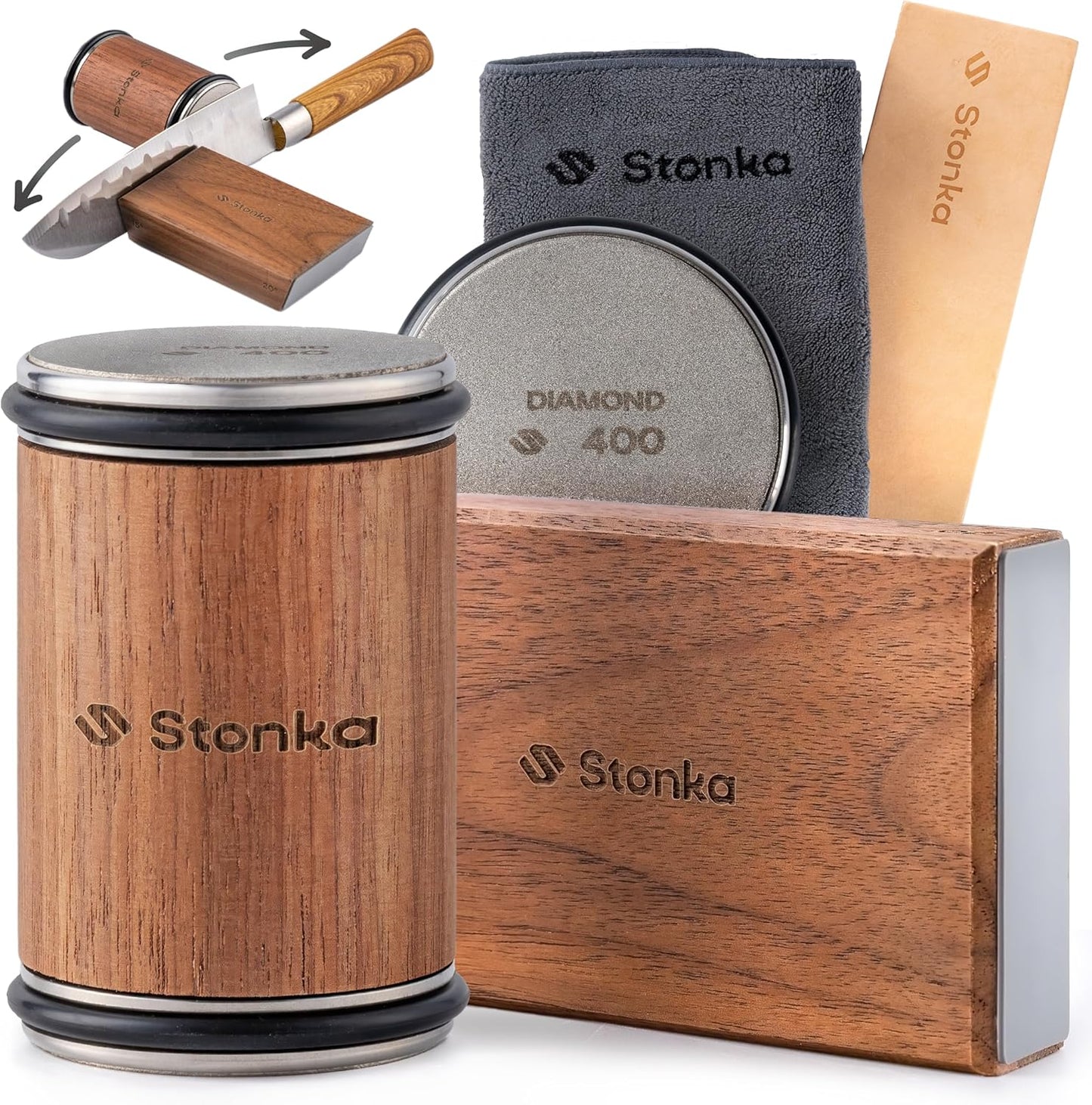 Stonka Walnut Rolling Knife Sharpener Kit with Dual-Grit Wheels
