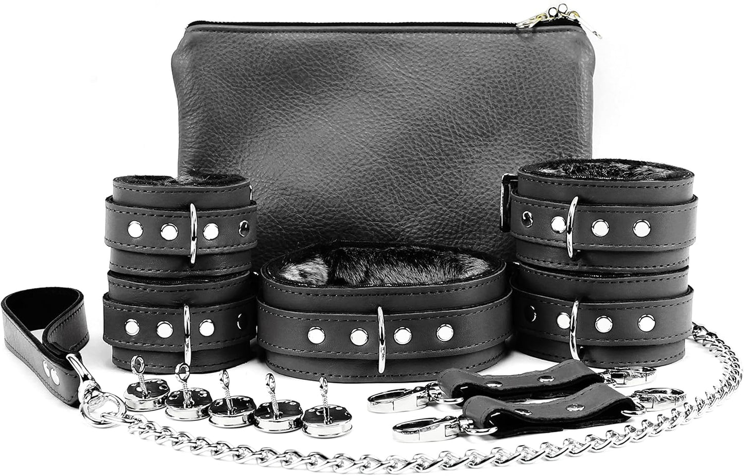 Barcelona 7-Piece Set Chic Top Grain Leather Cuffs and Leash