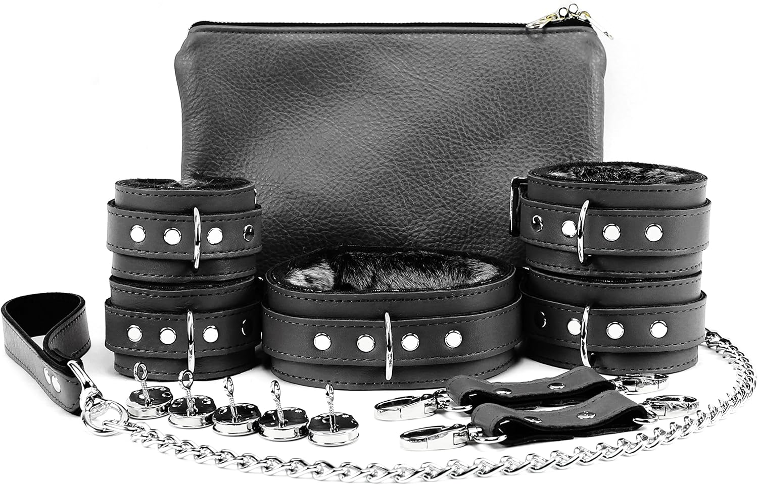 Barcelona 7-Piece Set Chic Top Grain Leather Cuffs and Leash