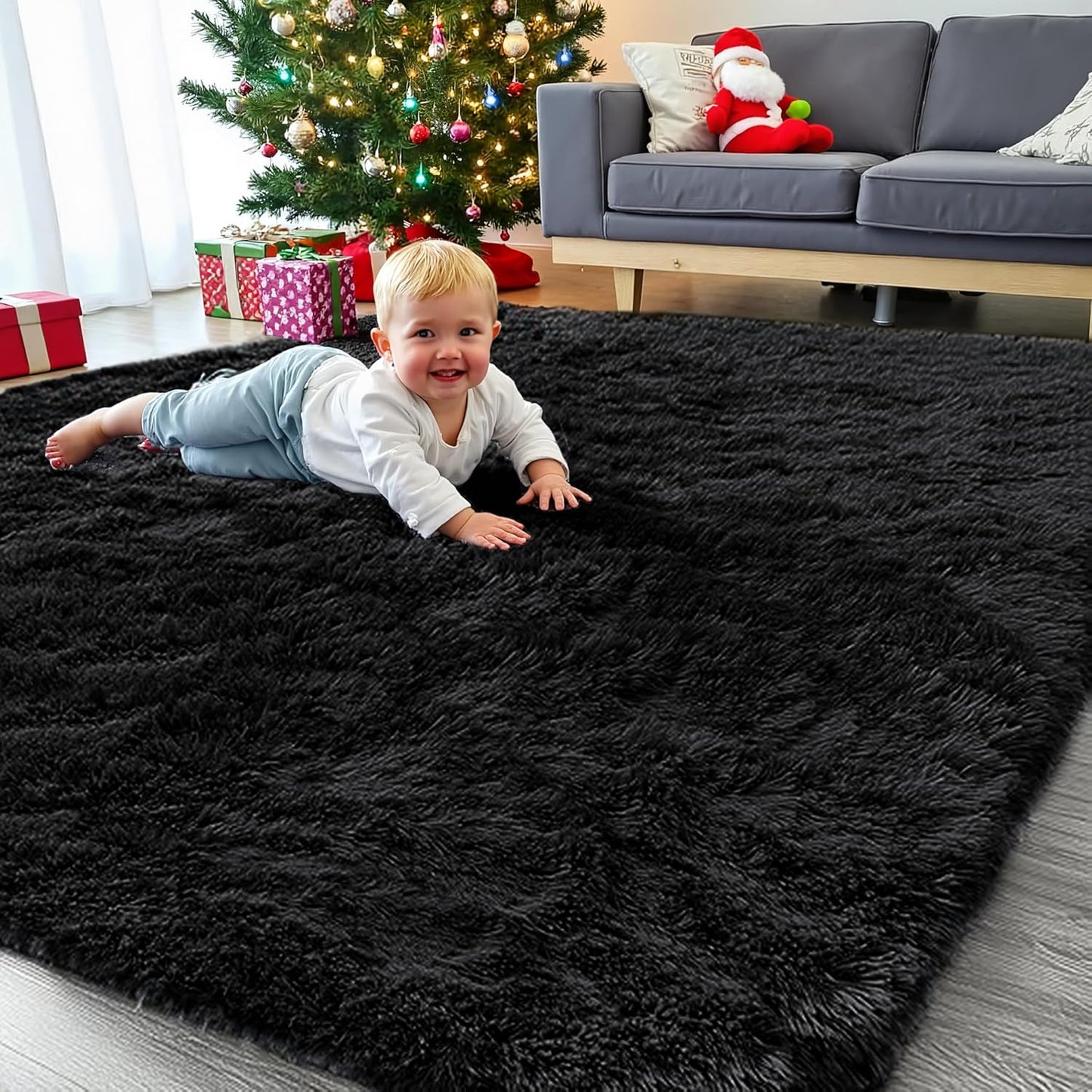 8x10 Area Rug for Living Room, Modern Black Shag Plush Carpet