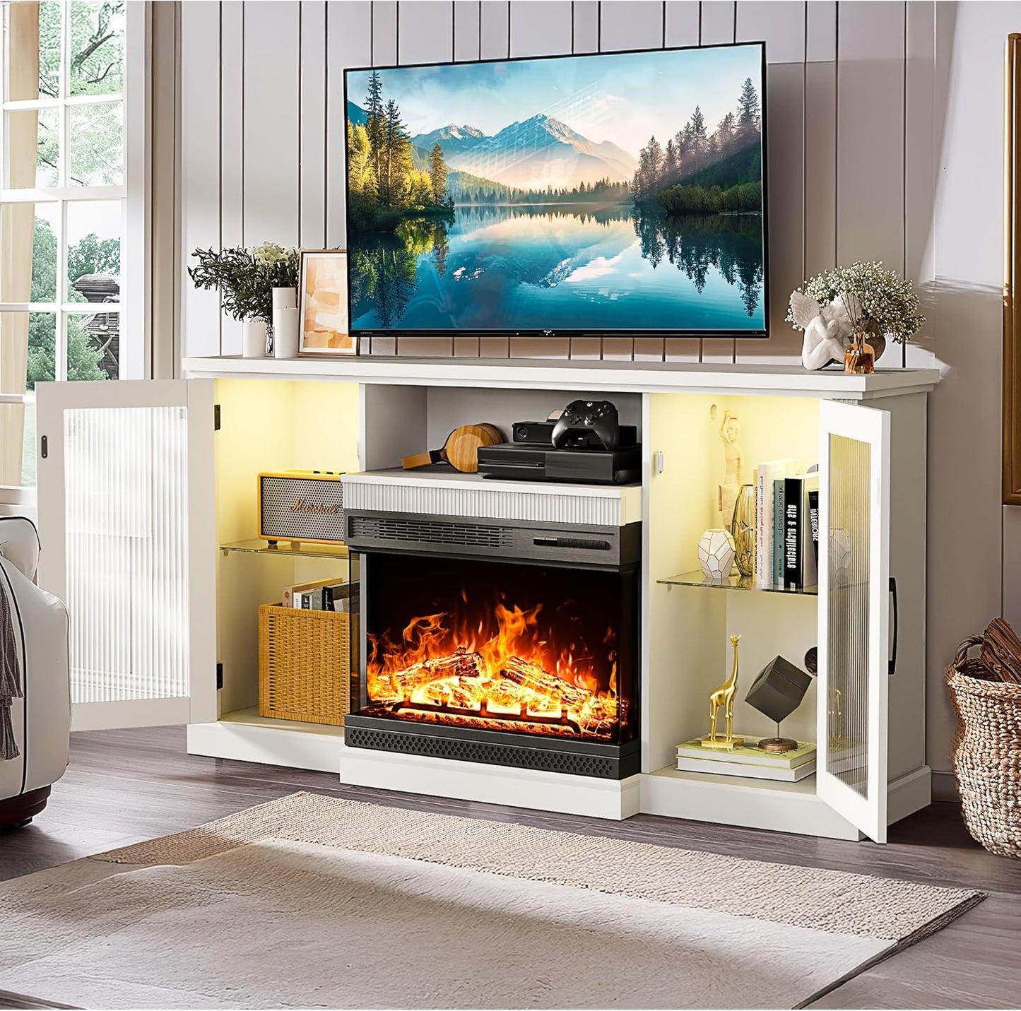 Pamapic 59 Glass Fireplace TV Stand, 24 Electric Fireplace, 12-Color LED Light ~ Fits up to 65 TV ~ Stylish Entertainment Hub