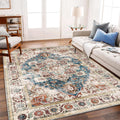 Washable Area Rug 10 ft x 14 ft Beige Blue Boho Medallion - Easy Care