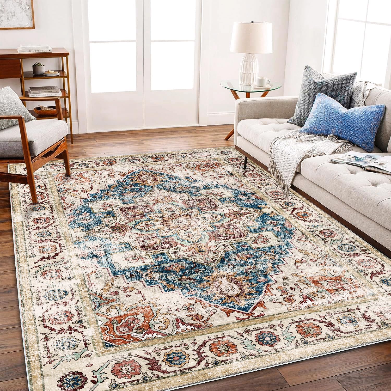 Washable Area Rug 10ftx14ft Beige Blue Boho Chic Medallion Design