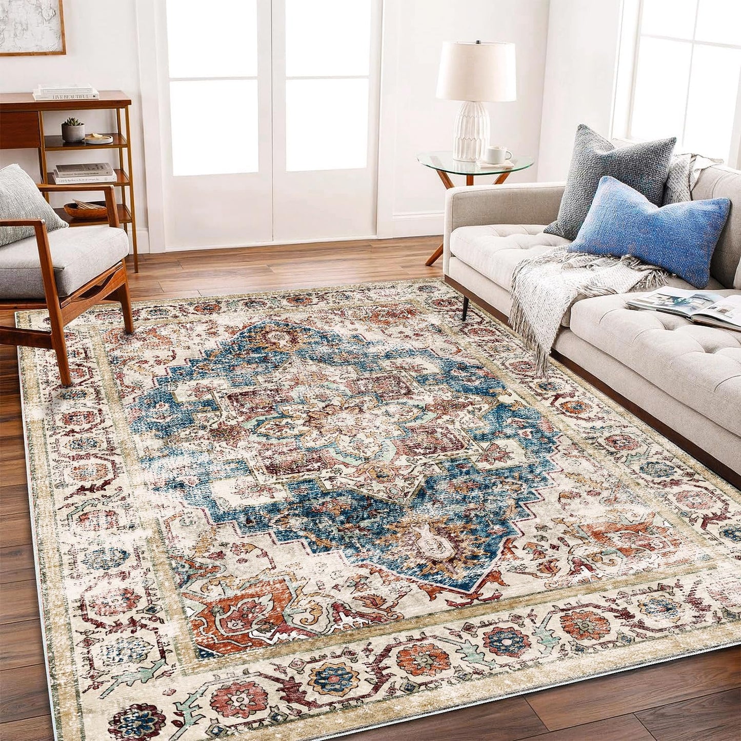 Beige Blue Washable Area Rug 8ftx10ft for Chic Living Spaces