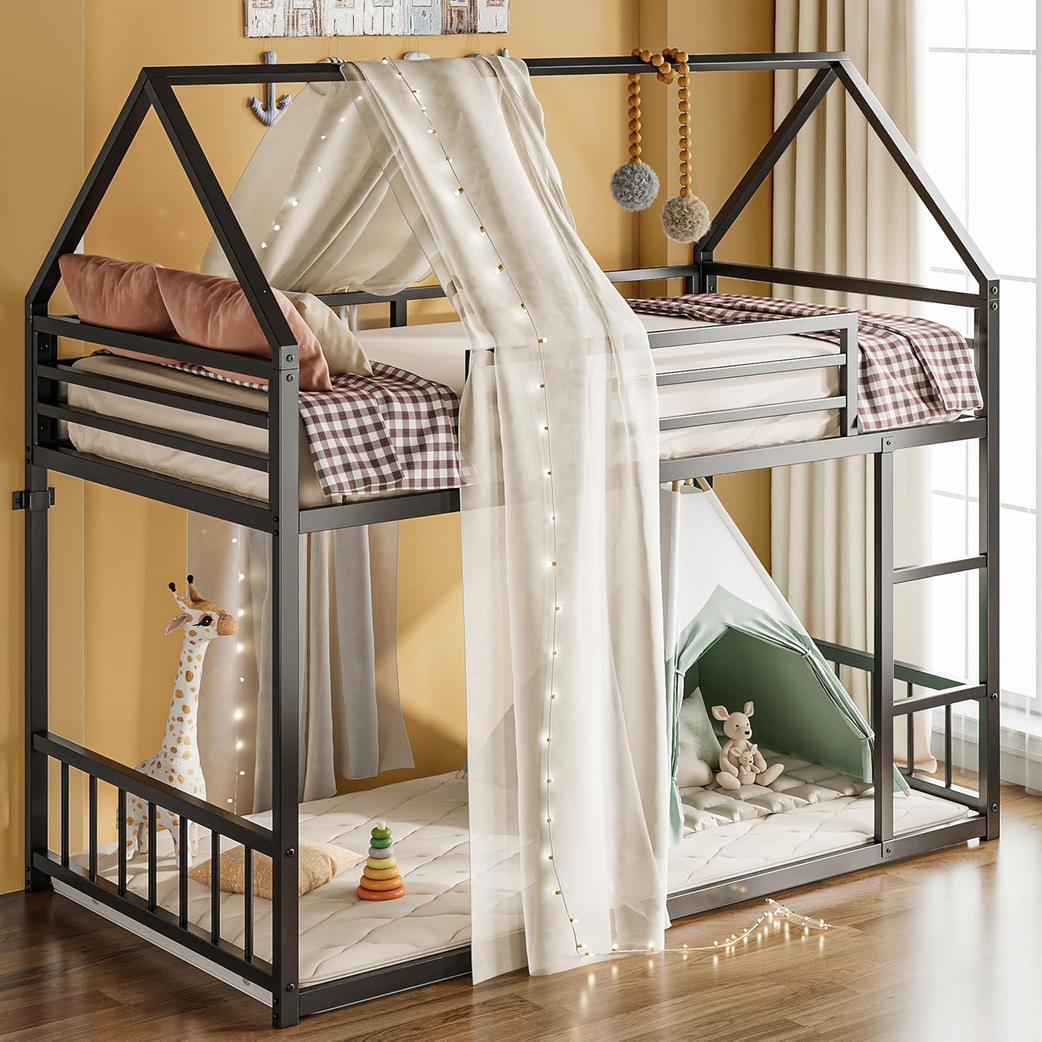 LIKIMIO Twin Over Twin Bunk Bed Frame with House Design