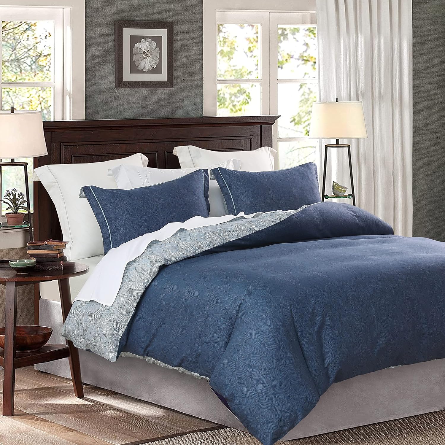 SLEEPBELLA Comforter King Size with Navy & Grey Leaves Design