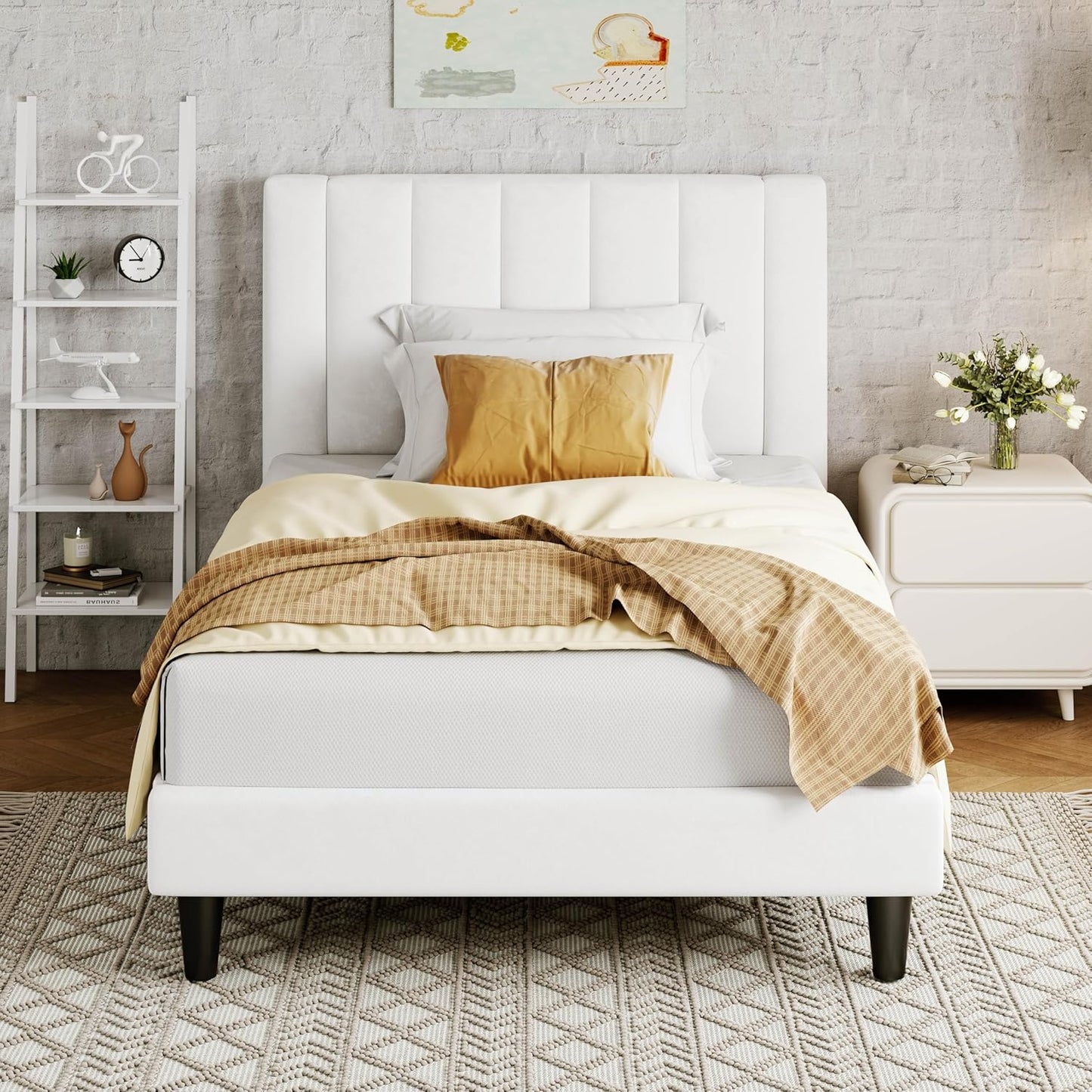 Allewie Twin Bed Frame with Velvet Upholstered Headboard