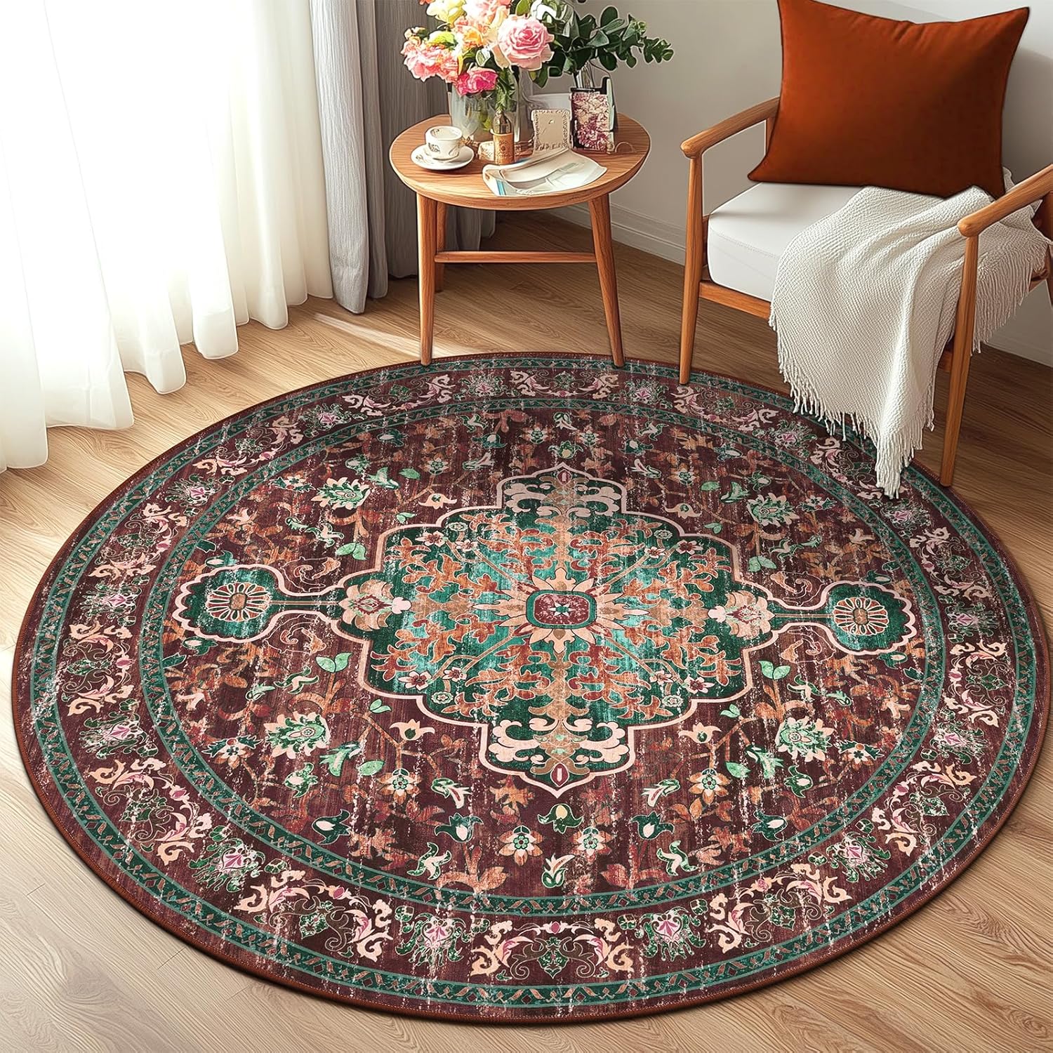 U'Artlines Boho Vintage Round Area Rug 4ft for Living Room