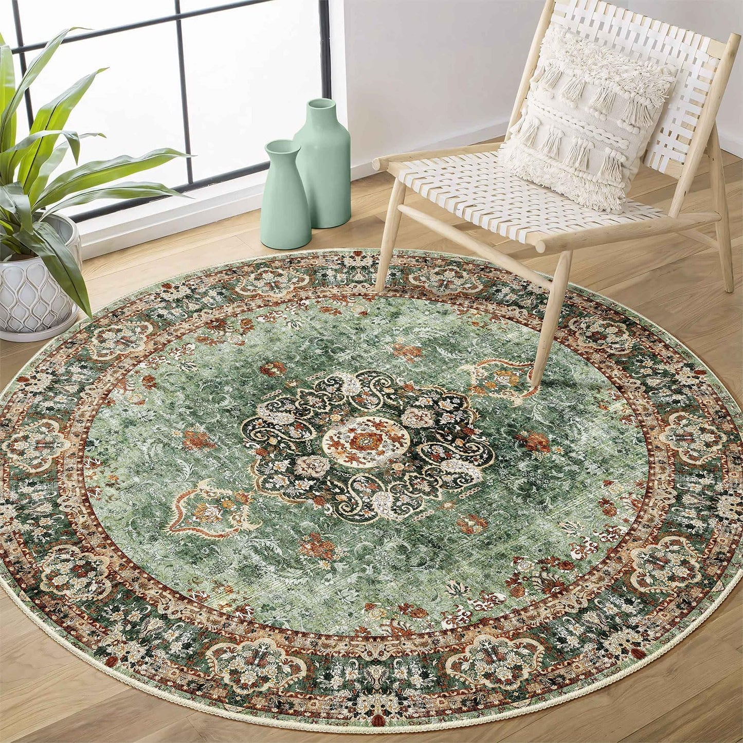 Green Round Rug 4ft - Boho Vintage Floral Carpet for Home