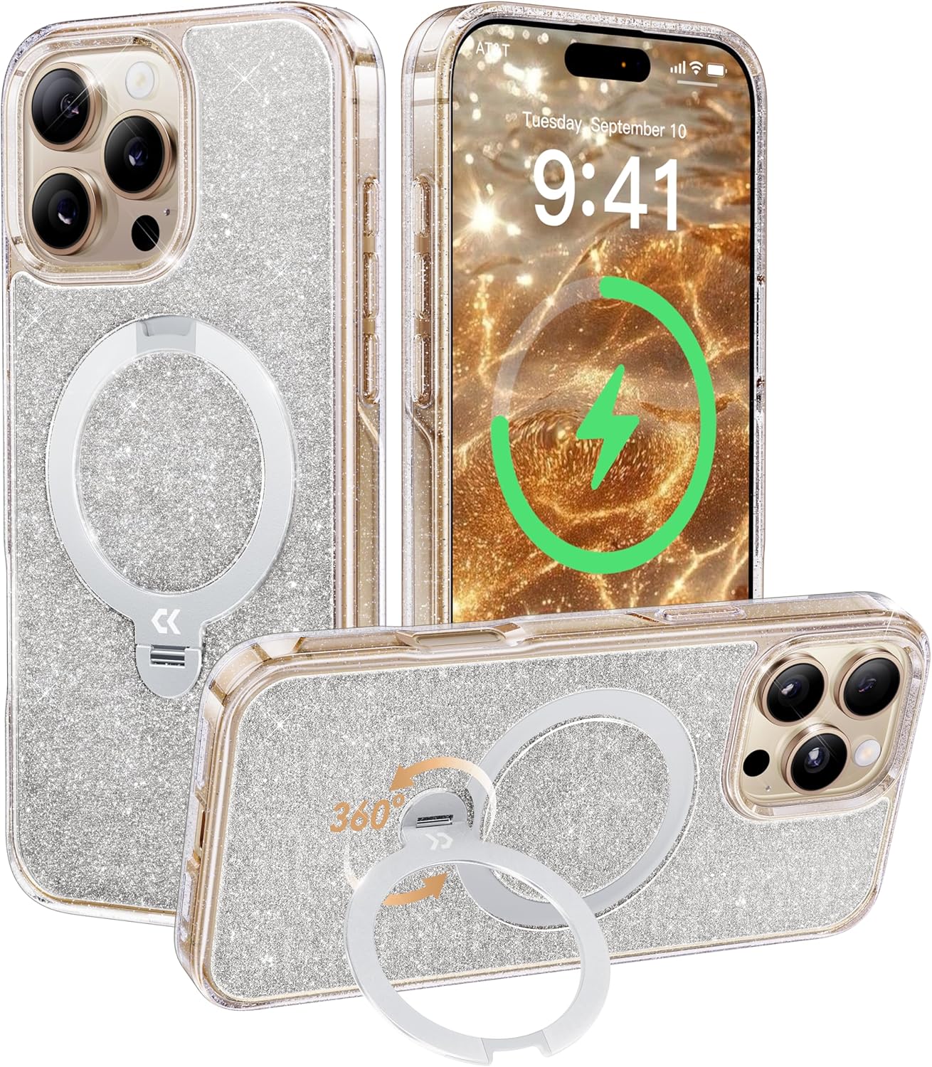 CASEKOO Dense Glitter iPhone 16 Pro Max Case with 360 Stand