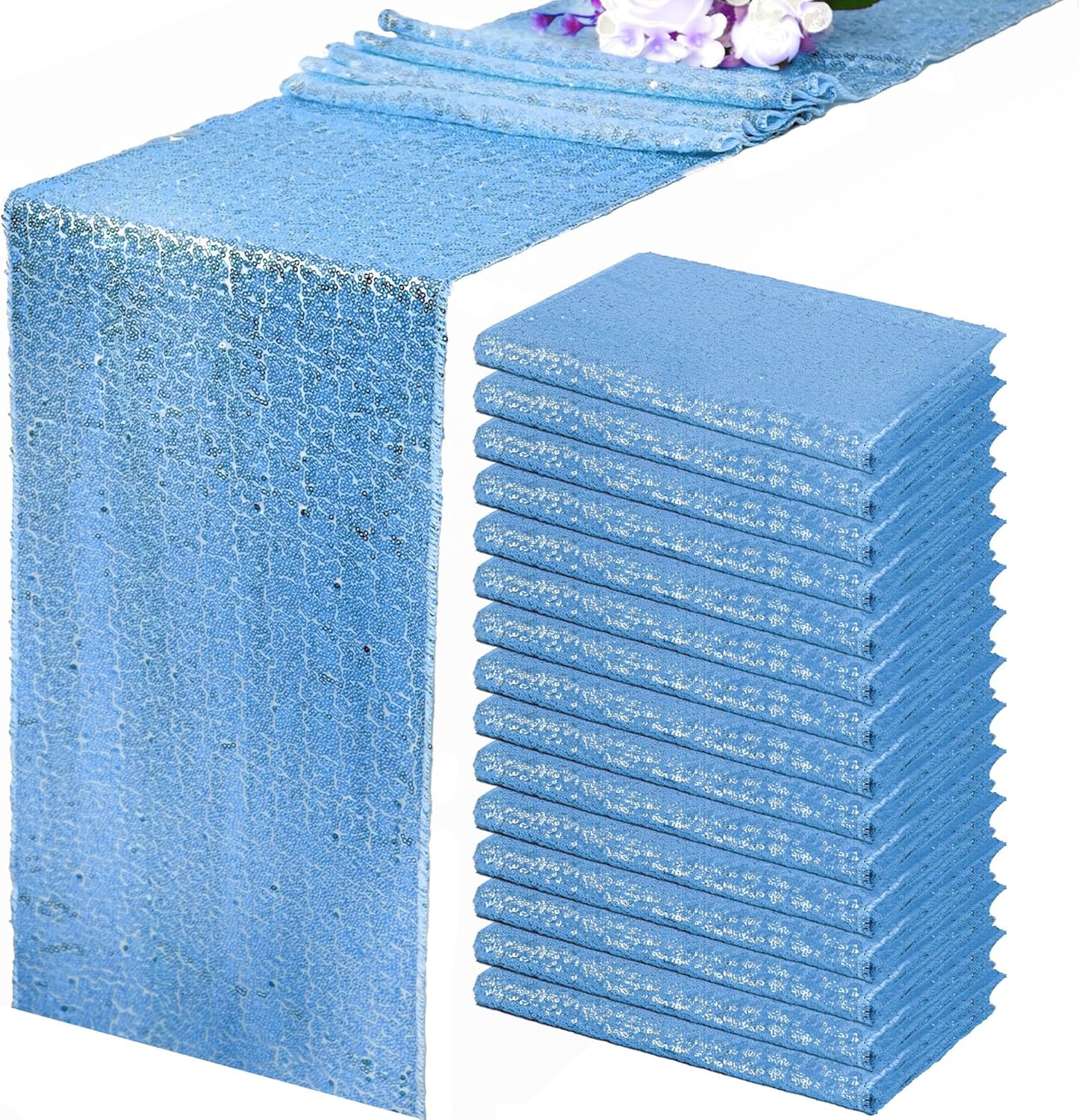 15 Pack Baby Blue Sequin Table Runner for Elegant Events