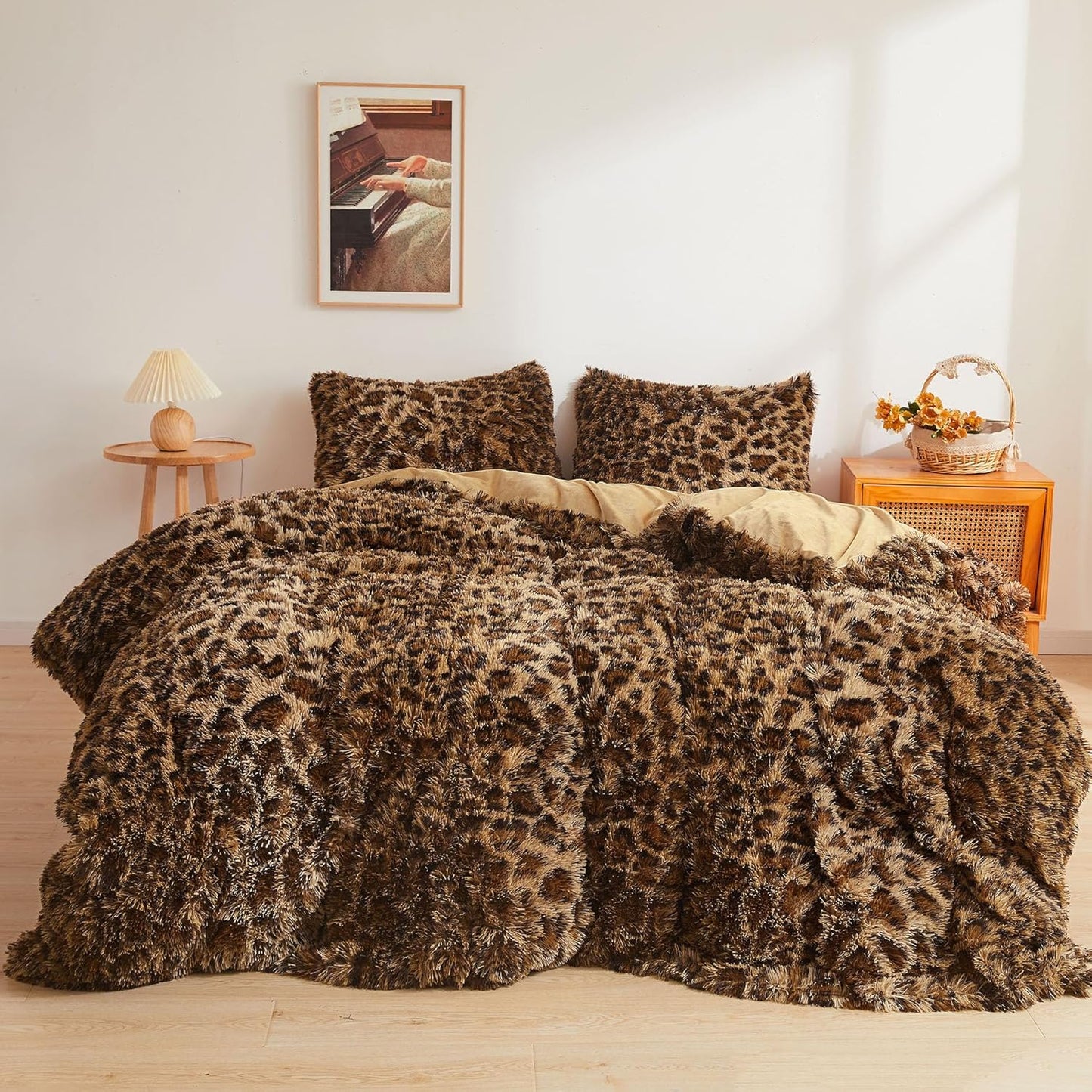 Luxurious Cheetah Print Fluffy Faux Fur Duvet Cover Set
