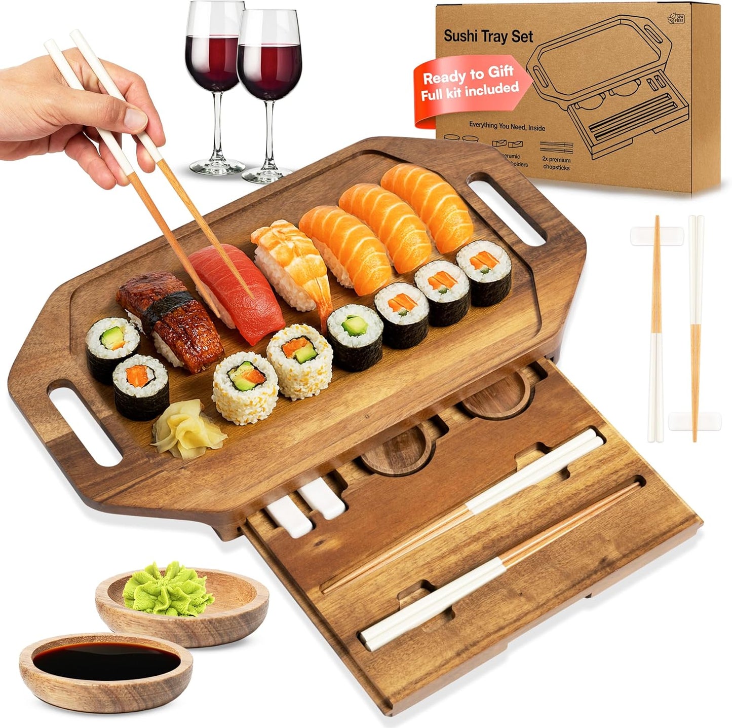 Sushi Tray for Two with Hidden Drawer and Accessories Set